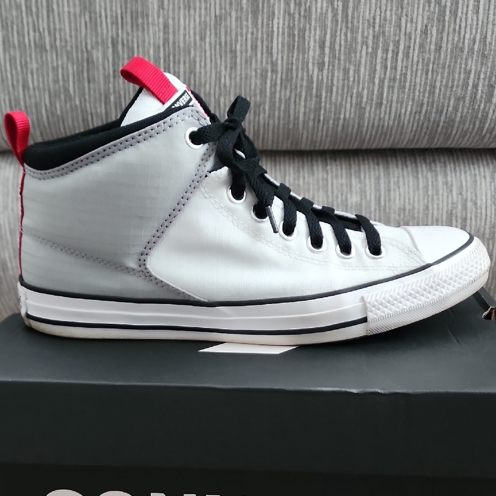 Converse Men's High Top Sneakers White Gray with Black and Red Accents - Picture 7 of 10